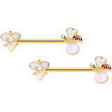14G 9/16 White Faux Opal Gold Tone Insect Flower Nipple Ring Set