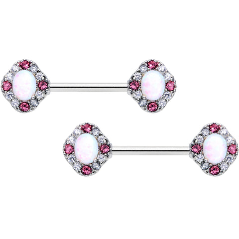 14G 9/16 White Synthetic Opal Glam Oval Barbell Nipple Ring Set