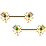14G 9/16 Green Synthetic Opal Gold Tone Shamrock Nipple Ring Set