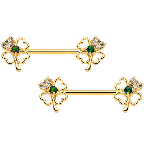 14G 9/16 Green Synthetic Opal Gold Tone Shamrock Nipple Ring Set