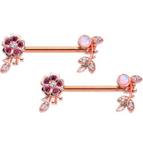14G 9/16 White Synth Opal Rose Gold Hue Leaf Flower Nipple Ring Set