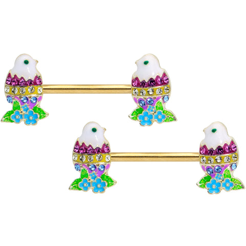14G 9/16 Clear Blue Gem Gold Tone Easter Chick Nipple Ring Set