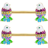 14G 9/16 Clear Blue Gem Gold Tone Easter Chick Nipple Ring Set