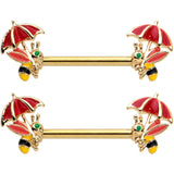 14G 9/16 Gold Tone Rainy Day Umbrella Bee Barbell Nipple Ring Set