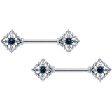 14G 9/16 Clear Blue Gem Textured Rhombus Cross Nipple Ring Set