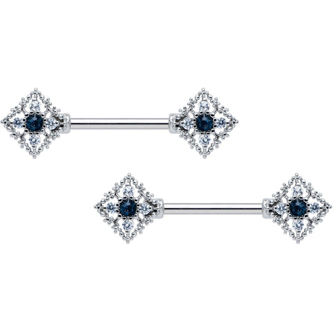 14G 9/16 Clear Blue Gem Textured Rhombus Cross Nipple Ring Set