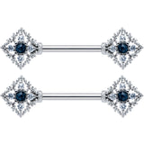 14G 9/16 Clear Blue Gem Textured Rhombus Cross Nipple Ring Set