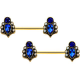 14G 9/16 Clear Blue Gem Gold Tone Heirloom Drop Nipple Ring Set