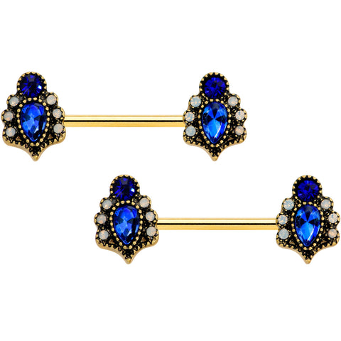 14G 9/16 Clear Blue Gem Gold Tone Heirloom Drop Nipple Ring Set