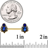 14G 9/16 Clear Blue Gem Gold Tone Heirloom Drop Nipple Ring Set