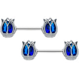 14G 9/16 Blue Gem Tulip Flower Barbell Nipple Ring Set