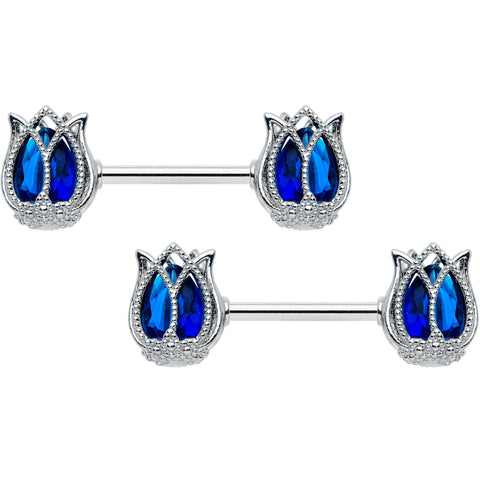14G 9/16 Blue Gem Tulip Flower Barbell Nipple Ring Set