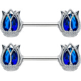 14G 9/16 Blue Gem Tulip Flower Barbell Nipple Ring Set