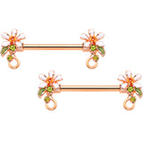 14G 9/16 Green Gem Rose Gold Tone Orange Flower Nipple Ring Set