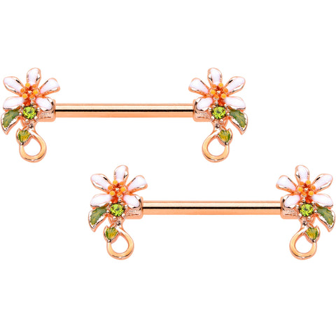 14G 9/16 Green Gem Rose Gold Tone Orange Flower Nipple Ring Set