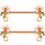 14G 9/16 Green Gem Rose Gold Tone Orange Flower Nipple Ring Set