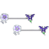 14G 9/16 Clear CZ Gem Flower Blue Butterfly Nipple Ring Set