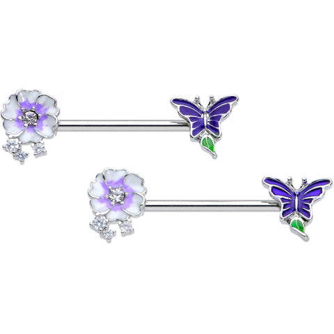 14G 9/16 Clear CZ Gem Flower Blue Butterfly Nipple Ring Set