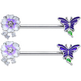 14G 9/16 Clear CZ Gem Flower Blue Butterfly Nipple Ring Set