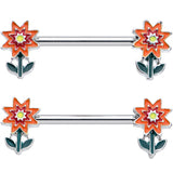 14G 9/16 Red Orange Fanciful Flower Barbell Nipple Ring Set