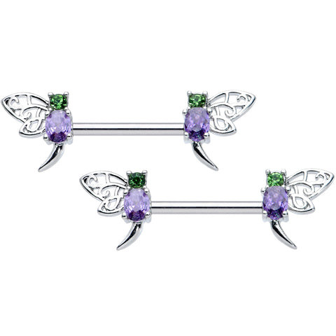 14G 9/16 Purple Green Gem Dragonfly Barbell Nipple Ring Set