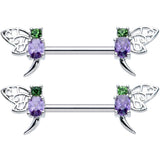 14G 9/16 Purple Green Gem Dragonfly Barbell Nipple Ring Set