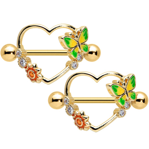 14G 9/16 Clear CZ Gem Gold Tone Butterfly Heart Nipple Shield Set
