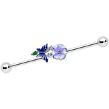 14G Clear CZ Gem Flower Blue Butterfly Industrial Barbell 38mm