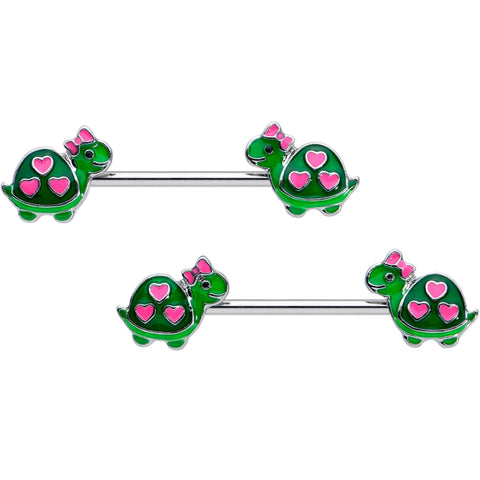 14G 9/16 Green Pink Bow Heart Turtle Barbell Nipple Ring Set