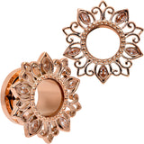 Brown Gem Rose Gold Tone Floral Edge Screw Fit Tunnel Plug Set