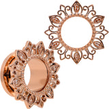 Brown Gem Rose Gold Tone Floral Edge Screw Fit Tunnel Plug Set