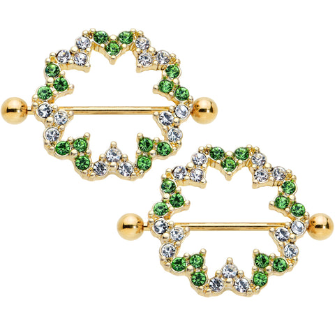 14G 25mm Gold Tone Clear Green Gem Floral Nipple Shield Set