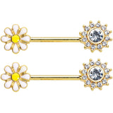 14G 9/16 Clear Gem Gold Tone Sun Daisy Flower Nipple Ring Set