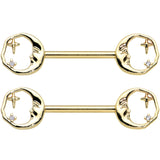 14G 9/16 Gold Tone Face Crescent Moon Barbell Nipple Ring Set