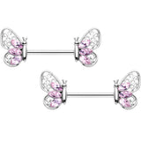 14G 9/16 Pink Gem Lacy Butterfly Barbell Nipple Ring Set