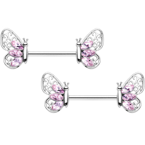 14G 9/16 Pink Gem Lacy Butterfly Barbell Nipple Ring Set