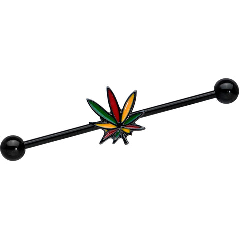 14G Black Multicolor Weed Pot Leaf Industrial Barbell 38mm