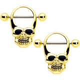 14G 1/2 Gold Tone Grinning Skull Nipple Shield Set