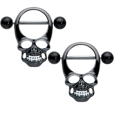 14G 1/2 Black Grinning Skull Nipple Shield Set