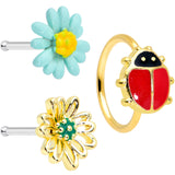 20G 1/4 5/16 Gold Tone Flower Ladybug Nose Hoop Bone Set of 3