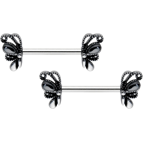 14G 1/2 Black Gem Abstract Bow Barbell Nipple Ring Set
