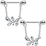 14G 9/16 Clear Gem Leaves of Love Chain Dangle Nipple Ring Set