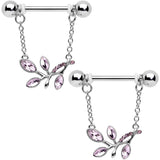 14G 9/16 Pink Gem Leaves of Love Chain Dangle Nipple Ring Set