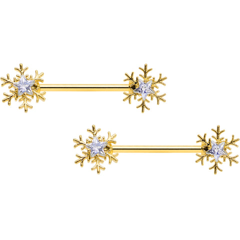 14G 9/16 Clear Gem Gold Tone Snowflake Christmas Nipple Ring Set