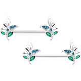 14G 9/16 Blue Green Gem Floral Butterfly Nipple Ring Set