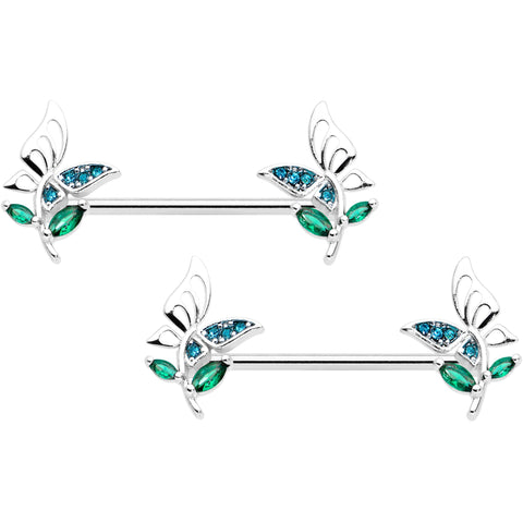 14G 9/16 Blue Green Gem Floral Butterfly Nipple Ring Set