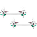 14G 9/16 Pink Green Gem Floral Butterfly Nipple Ring Set