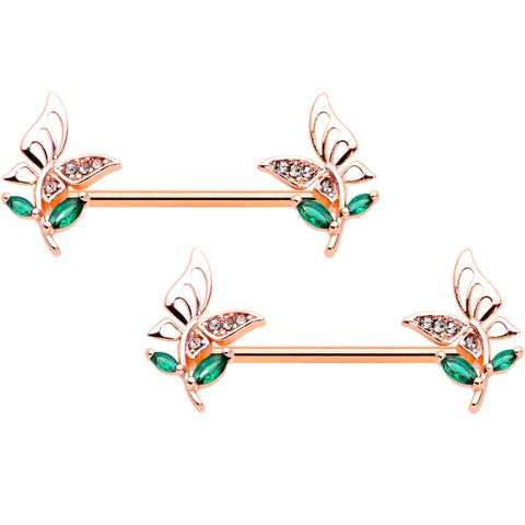 14G 9/16 Rose Gold Tone Clear Gem Flora Butterfly Nipple Ring Set