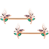 14G 9/16 Rose Gold Hue Purple Gem Flora Butterfly Nipple Ring Set