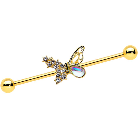 14G Clear Gem Gold Tone Glam Butterfly Industrial Barbell 38mm